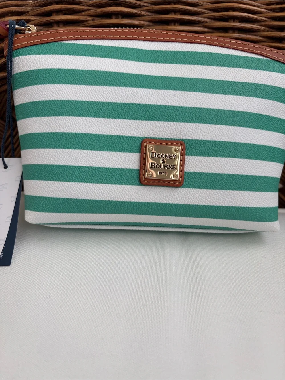 NWT - Dooney & Bourke Seafoam Striped Leather-Trim Cosmetic Pouch